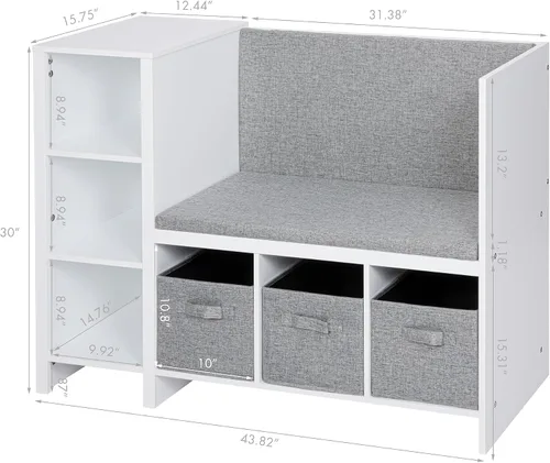 Miniatura 2 de UTEX Banco de lectura para niños con estantería, estantería para niños y organizador de almacenamiento con cojín de asiento, banco de lectura