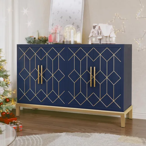 Miniatura 11 de HLR Gabinete de Acento con 4 Puertas y Estantes, Gabinete Aparador Buffet con Ribete Dorado, Almacenamiento Negro Moderno para Sala de Estar