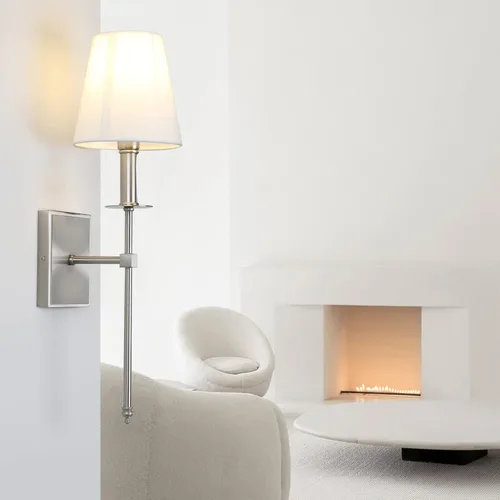 Miniatura 2 de PERMO Aplique de pared industrial rústico clásico con cable con pantalla textil blanca acampanada y soporte de columna cónico de níquel cepillado