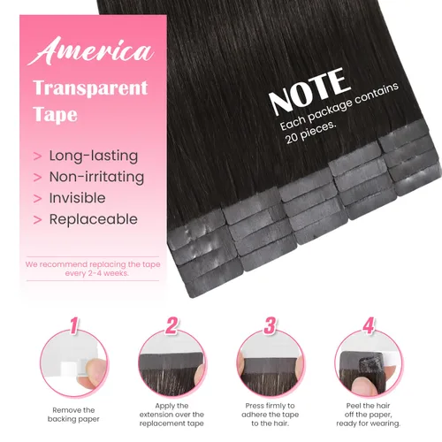 Miniatura 3 de Extensiones de cabello humano adhesivas, sedosas y lacias, 100% Remy, color marrón oscuro, para mujeres, 20 unidades por paquete