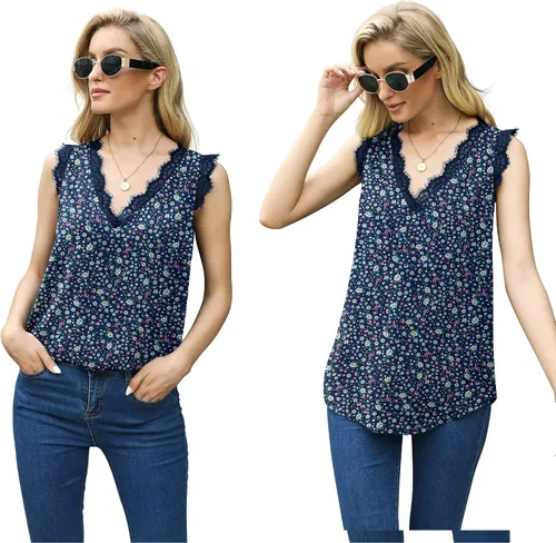 Miniatura 217 de VIISHOW - Camiseta sin mangas, sexy, con cuello en V y bordes de encaje para mujer, camisola de vestir, camisas de gasa, sin mangas, casuales