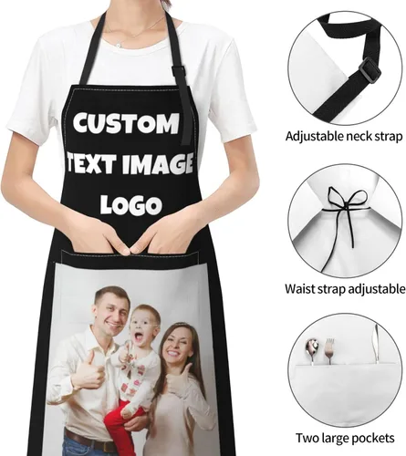 Miniatura 5 de Delantales de cocina personalizados para mujeres y hombres con bolsillos, personalizable, nombre, texto, logotipo, foto, chef, delantal de cocina