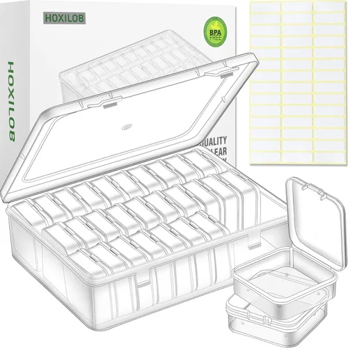 Caja organizadora de cuentas, 30 recipientes pequeños de plástico transparente, caja de almacenamiento para manualidades con tapa y etiquetas con