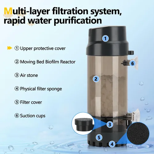 Miniatura 6 de AQQA Filtro de lecho móvil fluidizado con esponja, bio filtro sumergible para acuario con piedra de aire para camarones y tanques de reproducción