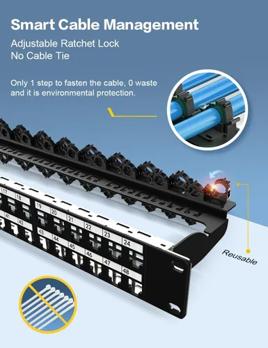 Miniatura 2 de Panel de conexión Keystone en blanco de 48 puertos para montaje en rack y montaje en pared, 1U de 19 pulgadas para red RJ45