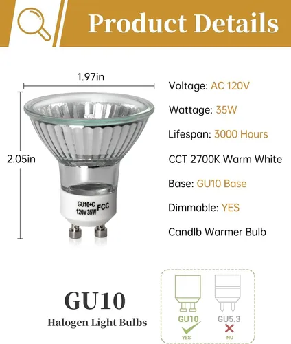 Miniatura 6 de Elenhome Bombilla GU10 de 120V 35W para lámpara calentadora de velas, 2 piezas gu10+c Bombillas halógenas regulables de 2800K blanco cálido de 2