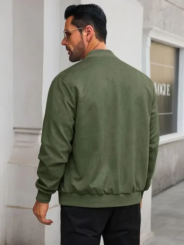 Miniatura 4 de Runcati Chaqueta bomber de gamuza para hombre, con cremallera completa, casual, softshell, chaqueta universitaria, ligera, vintage, abrigo de otoño