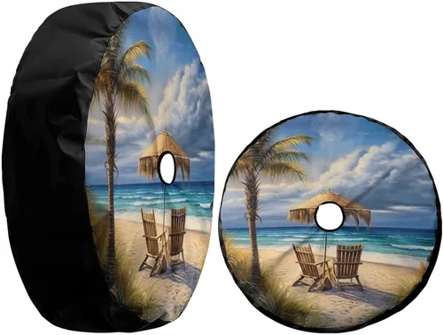Miniatura 5 de Hermosa cubierta de rueda de repuesto con diseño de palmeras de playa y orificio para cámara de respaldo. Cubierta de rueda para remolque, vehículo