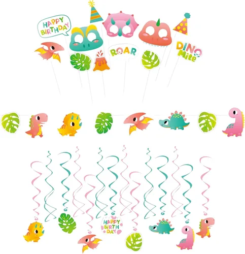 Miniatura 5 de Oojami Suministros de fiesta de dinosaurios para 24 - Juego de decoraciones de cumpleaños para niñas
