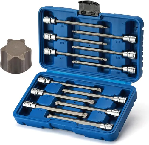 Mayouko Juego de 12 Dados de Puntas Torx Extra Largos de 3/8" Drive, T10-T60, 5.9" de Longitud, CR-V, Acero S2, Juego de Dados de Puntas de Estrella