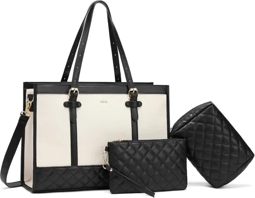Miniatura 9 de Keyli 3 piezas Bolsa para Laptop para Mujeres, 15.6 Pulgadas Bolsa de Lona Tote Bolsas de Trabajo Grandes Maletín de Computadora de Negocios Bolso