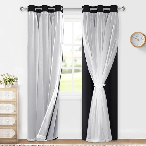 Miniatura 28 de XWZO Cortinas 100% opacas de doble capa para guardería, cortinas opacas con superposición transparente para dormitorio de niñas, cortinas