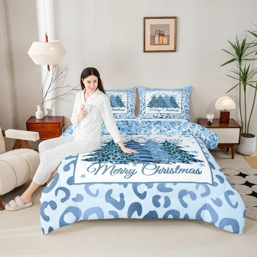 Miniatura 47 de Juego de edredón de Feliz Navidad para niños, tamaño twin, juego de ropa de cama de camión rojo árboles de pino copos de nieve, decoración