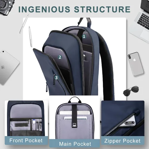Miniatura 3 de Mochila hk para Hombre de Negocios, Mochila Delgada con Cargador USB, Mochila para Computadora, Ligera, Antirrobo, para Viaje, Negro, 15,6 pulg.