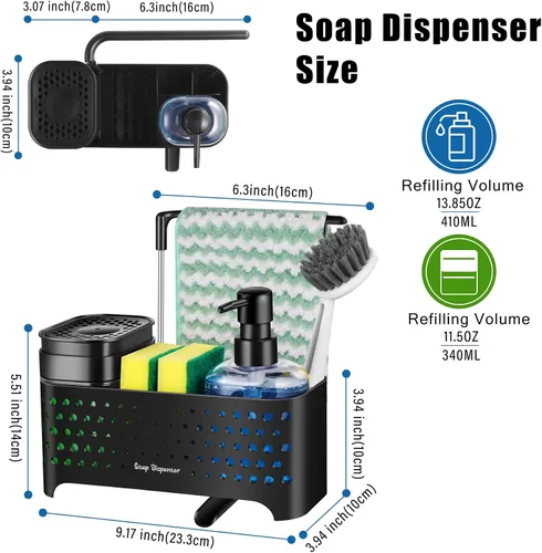 Miniatura 6 de Juego de dispensador de jabón de cocina, soporte de esponja para fregadero de cocina, dispensador de jabón de manos y platos con organizador