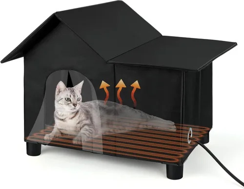 Miniatura 8 de Casa Grande con Calefacción para Gatos de Exterior, Casa Elevada para Gatos al Aire Libre Resistente a la Intemperie con Almohadilla Térmica