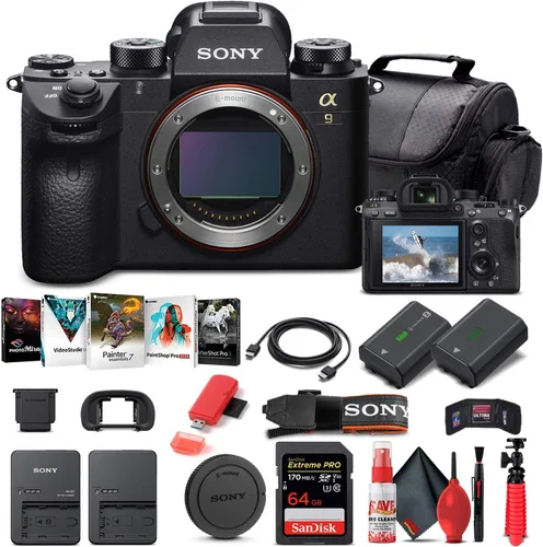 Sony Cámara digital sin espejo Alpha a9 II (solo cuerpo) (ILCE9M2/B) + tarjeta de memoria de 64 GB + batería NP-FZ-100 + software de foto Corel +