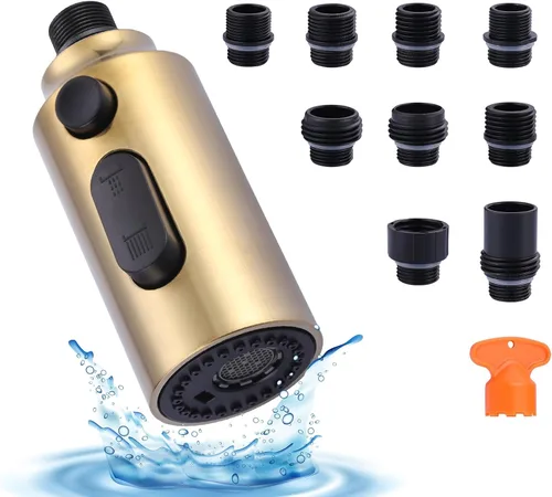 Cabezal de Repuesto para Rociador de Grifo Extraíble, Cabezal de Rociador Extraíble Dorado de 3 Funciones con 9 Adaptadores para Grifo de Fregadero