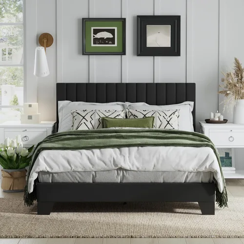 Miniatura 14 de Marco de cama tamaño Queen, cama plataforma tapizada en terciopelo con cabecero acolchado ajustable, marco resistente y listones, silencioso,