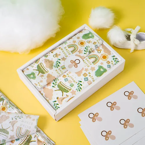 Miniatura 4 de LeZakaa 60 hojas de papel de seda para baby shower con 30 calcomanías de regalo, papel de seda para bebé niño niña a granel, diseño de arcoíris