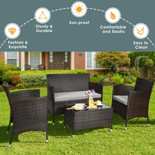 Miniatura 9 de Juego de sofá de patio de 4 piezas, juego de conversación de mimbre con respaldo ergonómico curvo, juego de muebles de ratán para patio con cojín