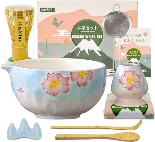 Miniatura 22 de Clay&Fire Juego de batidor de matcha, juego de matcha de cerámica, cuenco de matcha con asa y batidor, juego de té matcha de 9 piezas para amantes