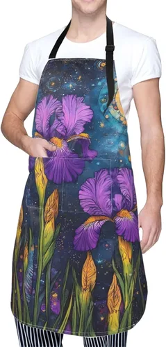 Miniatura 5 de Delantal de cocina con estampado de lirios morados, ajustable, impermeable, con bolsillos, unisex