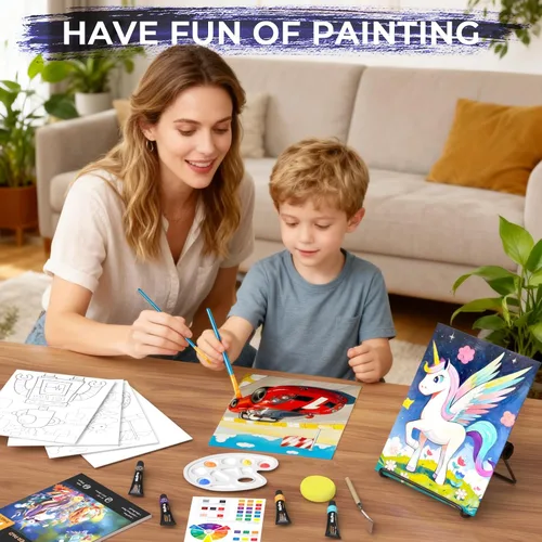 Miniatura 7 de Nicpro Juego de 34 piezas de pintura para niños con lienzo patrón, kit de suministros de pintura artística con 12 pinturas acrílicas, 10 pinceles, 6