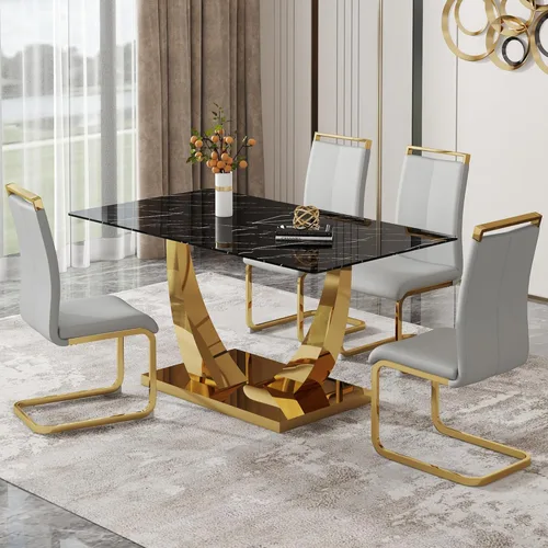 Miniatura 34 de Juego de mesa de comedor de 63 pulgadas para 4, juego de mesa de comedor dorado moderno para 4, juego de mesa de cocina de mármol sintético con negro