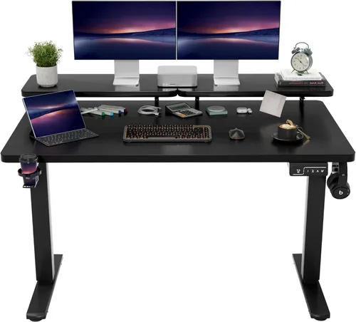 Miniatura 11 de Shahoo Escritorio eléctrico de pie con estante para monitor, mesa esquinera ajustable de altura de 63 x 24 pulgadas, estación de trabajo para Negro