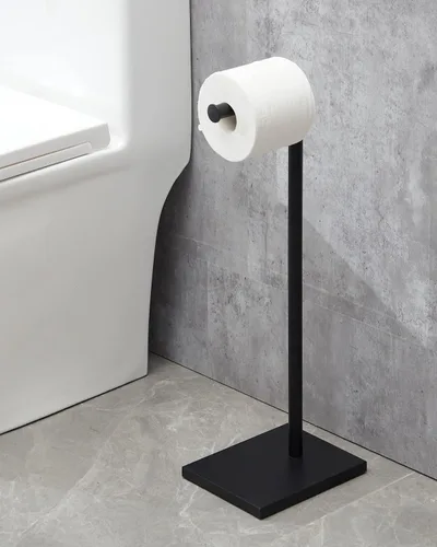 Miniatura 9 de Soporte de papel higiénico independiente para el baño con reserva, soporte de rollo de papel higiénico de acero inoxidable, pedestal negro DECLUTTR