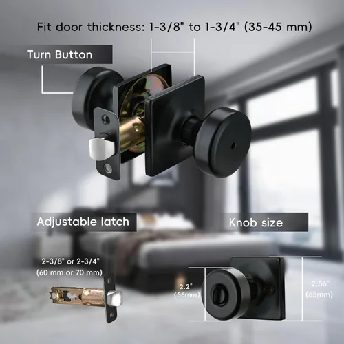 Miniatura 4 de Paquete de 6 pomos de puerta negros con roseta cuadrada, pomos de puerta Pismo con cerradura, manijas de puerta de privacidad interior para baño