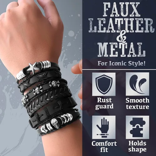 Miniatura 3 de 6 pulseras emo de cuero para hombres y mujeres, joyas góticas ajustables punk rock, diseños de estrellas de calavera, se adapta a muñecas de 7 a 11