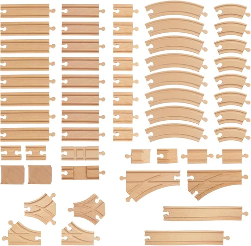 Juego de 58 pistas de tren de madera, expansión de vías y 9 piezas distintas, 100% compatible con todas las principales marcas, incluido el sistema