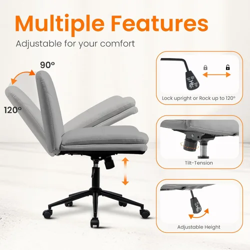 Miniatura 5 de NEO Chair Silla Criss Cross con Ruedas Sin Brazos con Patas Cruzadas Silla de Escritorio de Oficina Ancha Cómoda de Tocador Maquillaje Silla Gris PU