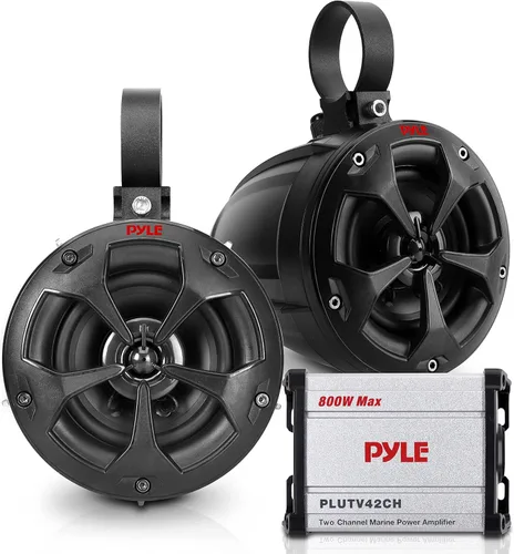 Pyle Altavoces todoterreno impermeables con amplificador, 4 pulgadas, 800 W, 2 canales, sistema de altavoces Waketower de grado marino, rango