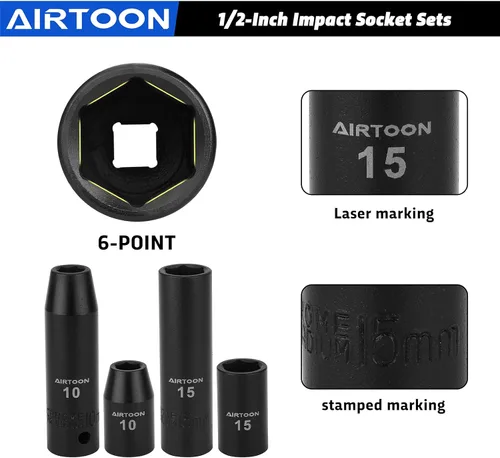 Miniatura 5 de Juego de llaves de impacto con guía de 1/2 pulgada, 49 piezas de vasos métricos profundos y poco profundos de 8 mm a 32 mm, 6 puntas, acero CR-V