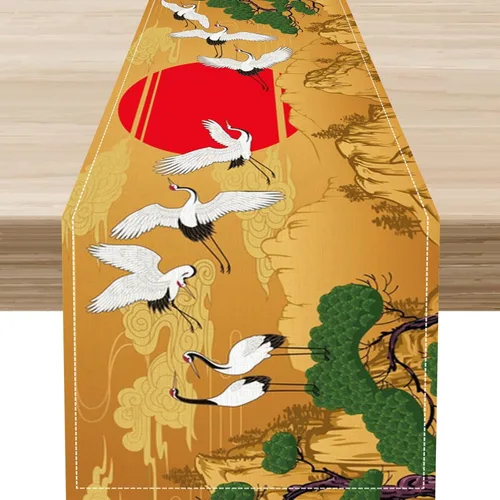 Camino de mesa japonés, retro, tradicional, vintage, grúa, nubes, asiático, oriental, ondas, plantas, naturaleza, camino de mesa para el hogar,