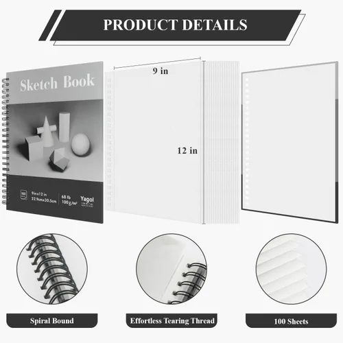 Miniatura 2 de Yagol Cuaderno de bocetos de 9 x 12 pulgadas, 100 hojas de 68 libras/100 GSM, bloc de bocetos con papel de arte encuadernado en espiral para dibujar