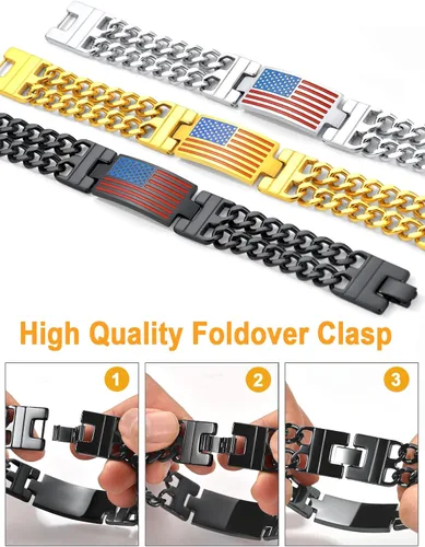 Miniatura 6 de U7 Bracelets for Men American Flag Bracelets 4th of July Jewelry Leather Wristband Stainless Steel18K Gold PlatedBlack Cuban Link Chain Bracelets