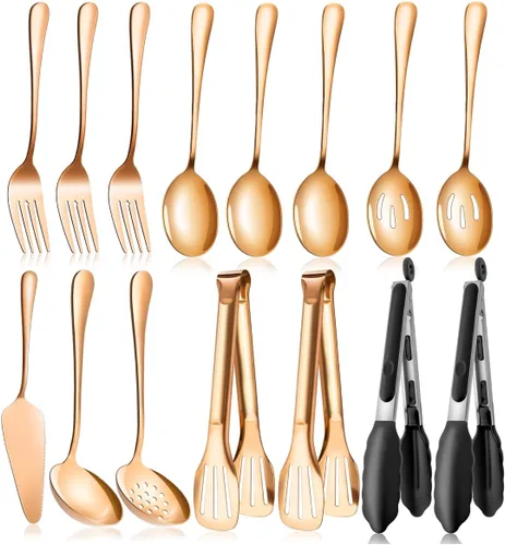 Miniatura 11 de Juego de utensilios de servir dorados para fiestas, cucharas grandes de servir de acero inoxidable, cucharas ranuradas, tenedores, pinzas, cucharas