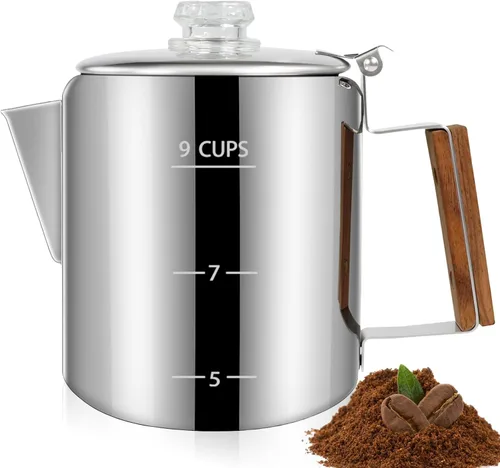 Miniatura 12 de Percolador de 6 Tazas de Acero Inoxidable 304 Cafetera Máquina de Café con Mango de Madera Sólida Perilla Transparente Estufa Greca Mocha