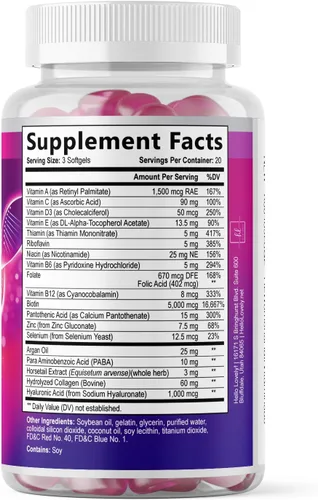 Miniatura 9 de Vitaminas para el cabello para mujeres para el crecimiento del cabello, suplemento con infusión de argán con colágeno, biotina y ácido hialurónico