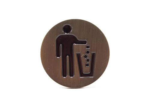 Logotipo de basura, emblema, medallón, cocina, oficina, parte delantera del gabinete, 1.5 pulgadas, acero inoxidable, latón, negro mate, cantidad 1