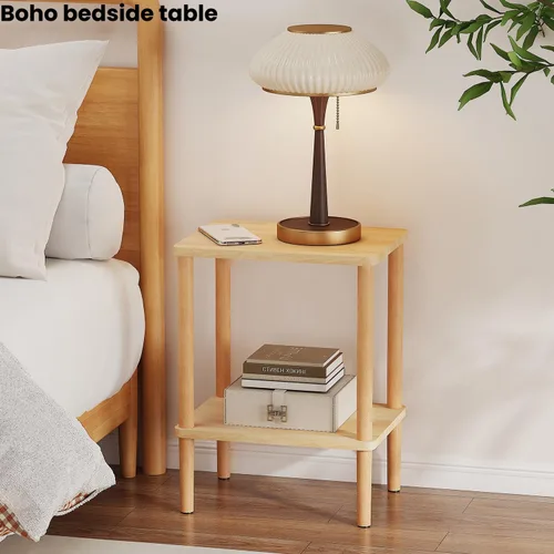 Miniatura 4 de LUCKNOCK - Mesa auxiliar de madera maciza, mesa auxiliar de 2 niveles con estante de almacenamiento, mesita de noche estrecha para espacios