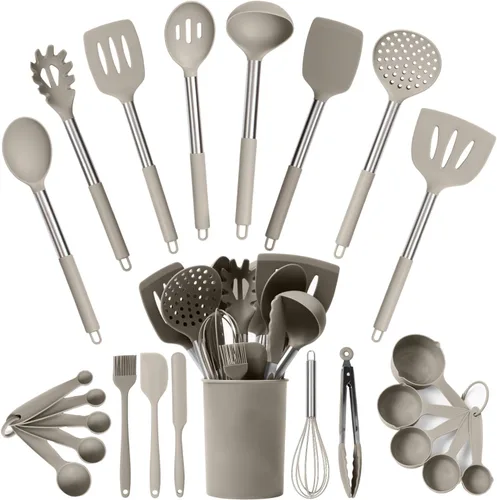 Juego de utensilios de cocina de silicona resistente al calor de 450°F - 24 piezas de color caqui - Juego de utensilios de cocina para ollas y