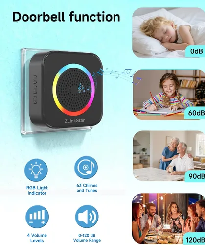 Miniatura 6 de Kit de timbre inalámbrico, timbre autoalimentado sin batería, rango de 600 pies, 63 campanas seleccionables, volumen ajustable con luz RGB, timbre