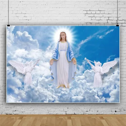 Miniatura 2 de Telón de fondo de poliéster de 6 x 4 pies, Dios bendiga a la Virgen María y Ángel, para el cielo, la primera comunión, bautismo, Pascua, fondo