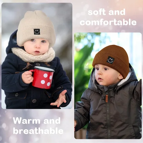 Miniatura 4 de Mepase Gorro de punto con cara sonriente para bebé, 3 unidades, para niños pequeños, gorro de invierno suave bordado con cara sonriente