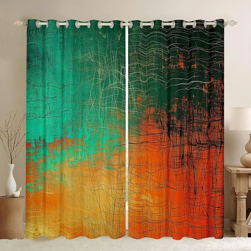 Cortina de arte abstracto Grunge para dormitorio, sala de estar, verde azulado y naranja, con pintura de óxido, cortinas opacas modernas vintage